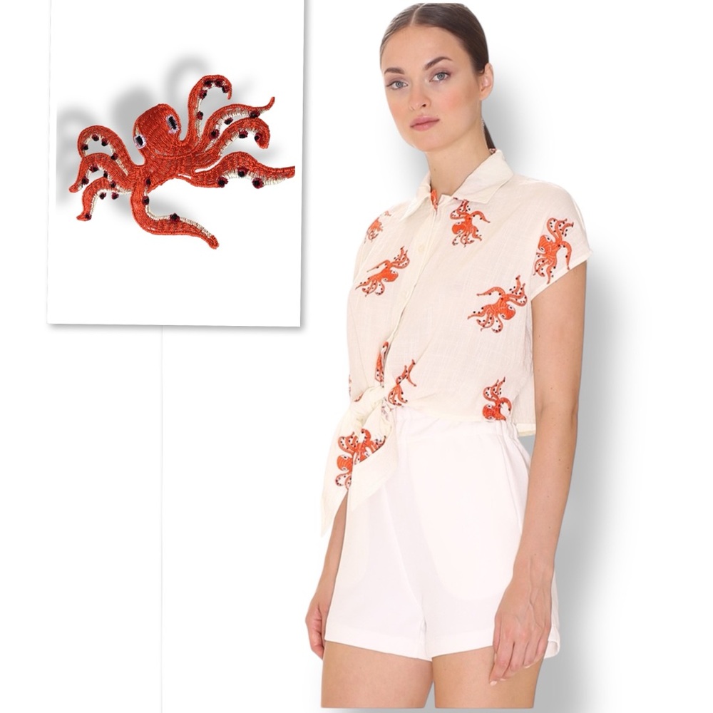 PEPALOVES Octopus Embroidered Tie-Front Shirt - NWT S118 Coral/Cream L